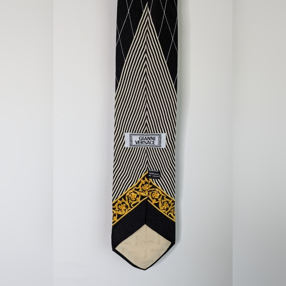 Gianni Versace Vintage 90's Silk Tie Medusa Baroque Black Gold White w/ Stripes - Picture 4 of 8